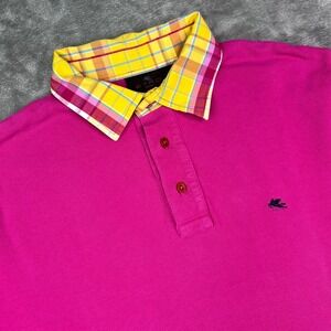 Etro Men's Magenta Polo with Contrast Yellow Plaid Collar